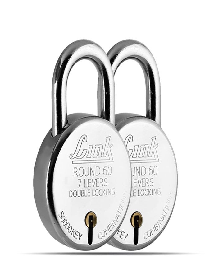 Link New Round 60 MM Silver Steel Lock with 3 Keys | Lock and Keys | Door Lock | Padlock for Home, Office, Shop (Pack of 2) - Image 1